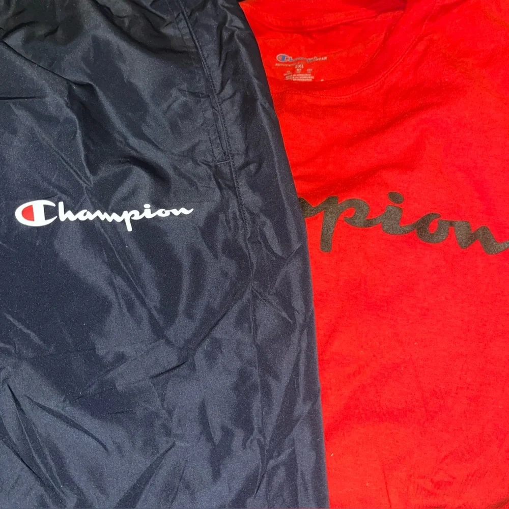 CHAMPION OUTFIT Red Crew Neck LS Top & Blue Windbreaker W/Pocket Zip Cuff Jogger
